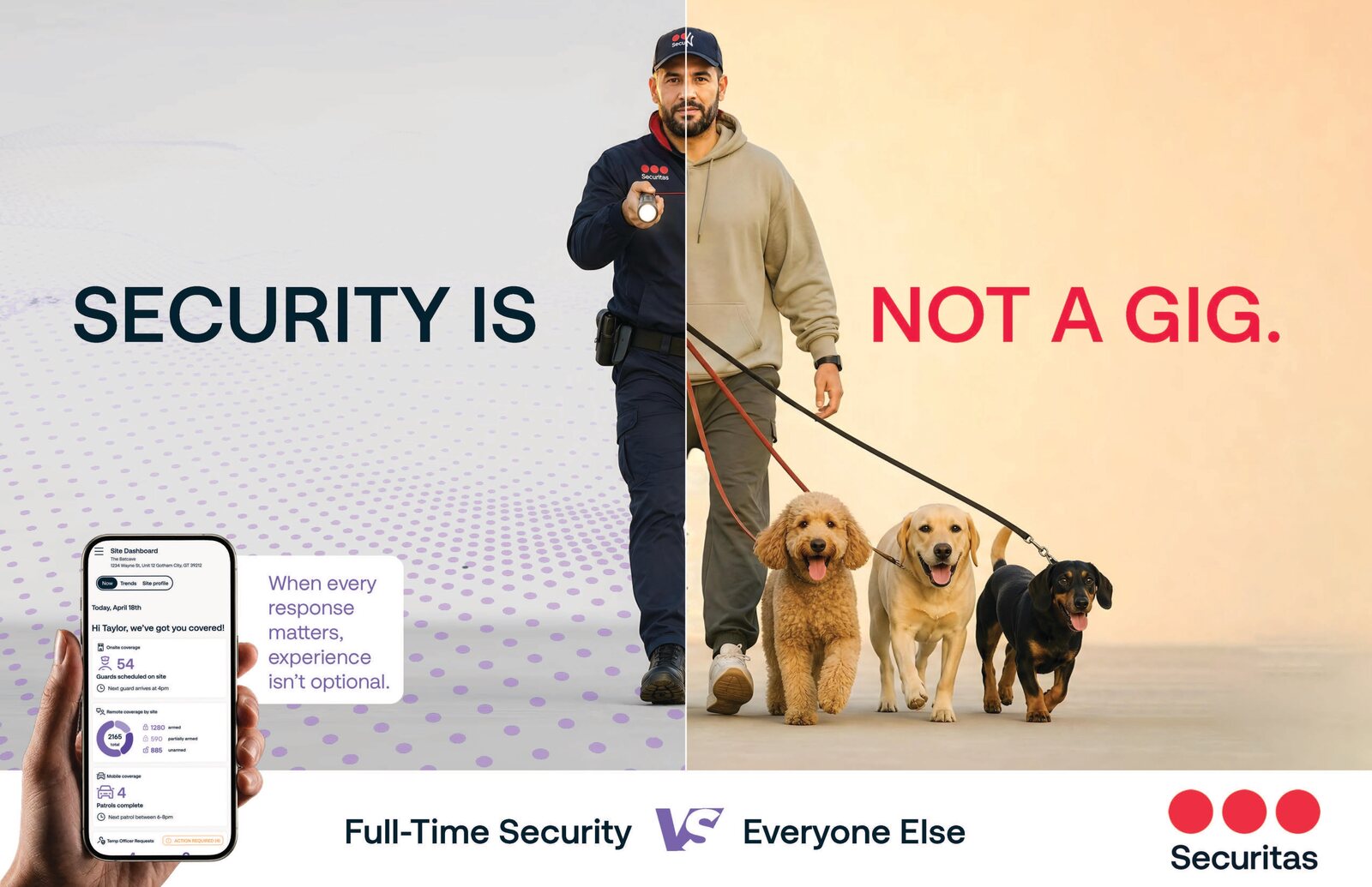 Security Is Not a Gig campaign creative: a split figure, half Securitas security professional walking dogs, half dog walker