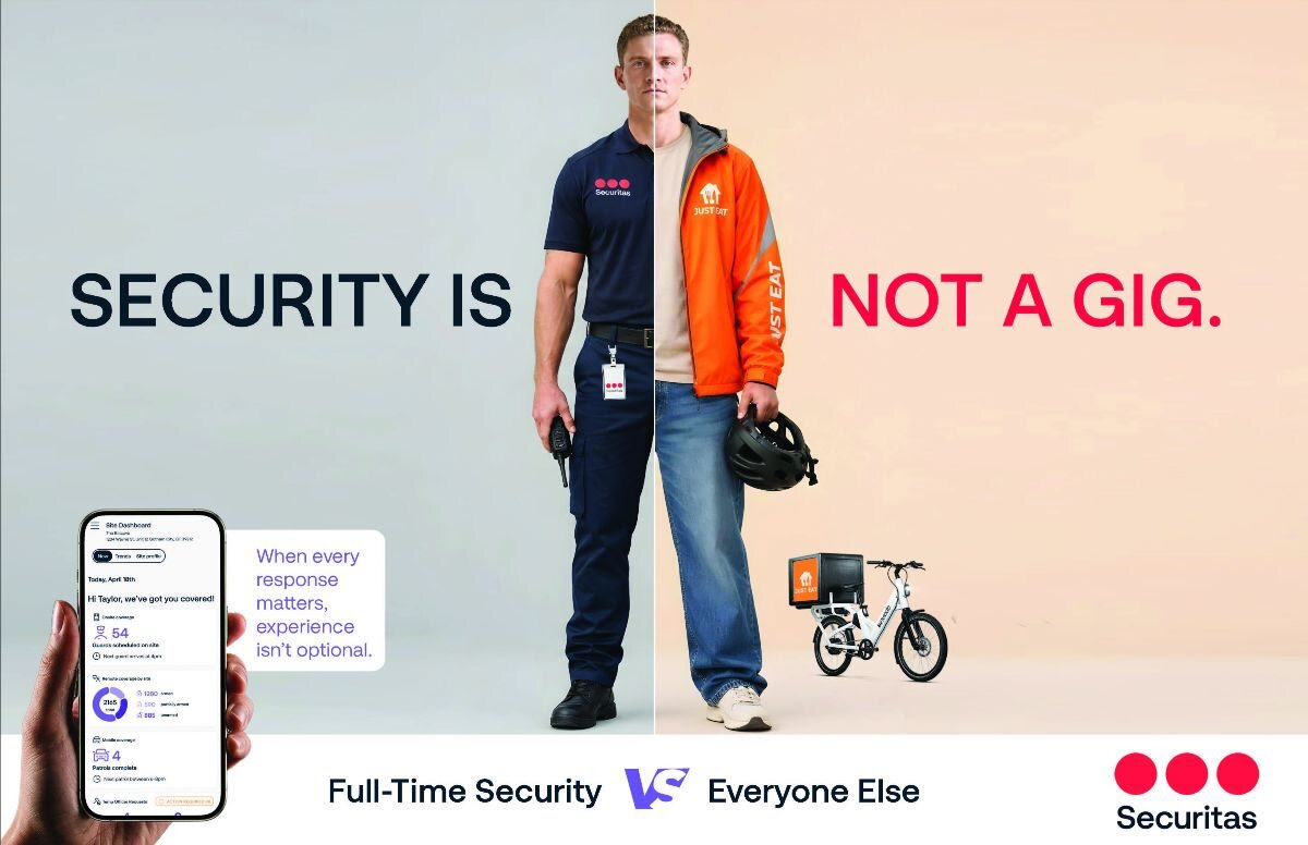 Security Is Not a Gig campaign creative: a split figure, half Securitas security professional, half delivery worker