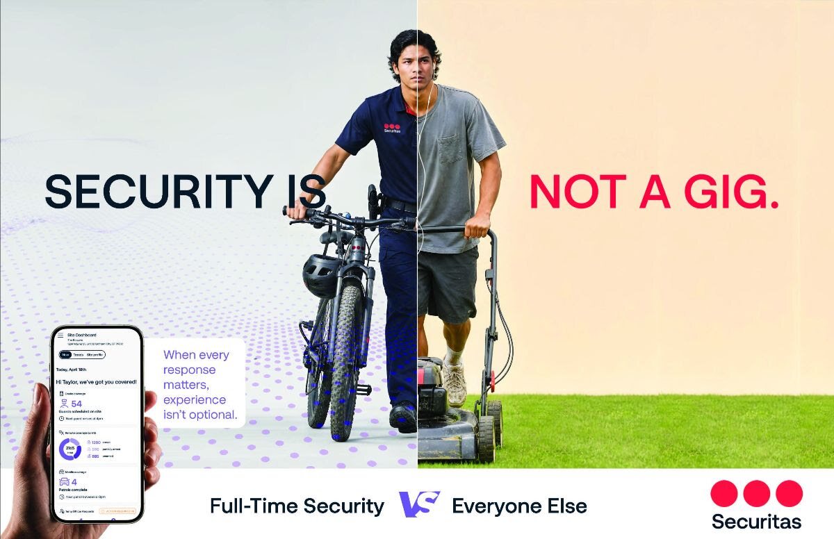 Security Is Not a Gig campaign creative: a split figure, half Securitas security professional, half lawn-care worker